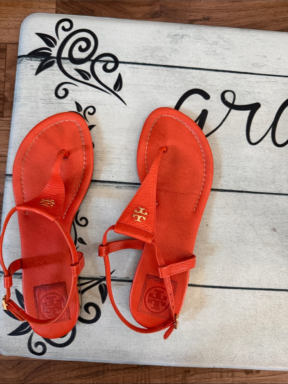 Tory Burch Girls Bright Orange T-Strap Logo Sandals